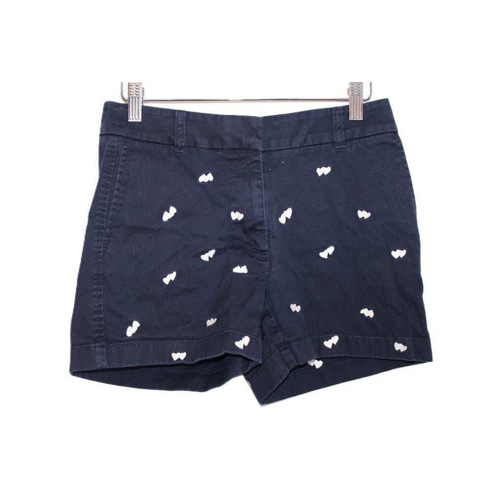 Womens J.Crew L2660 Navy Blue White Cotton Embroidered Heart Chino Shorts Size 0